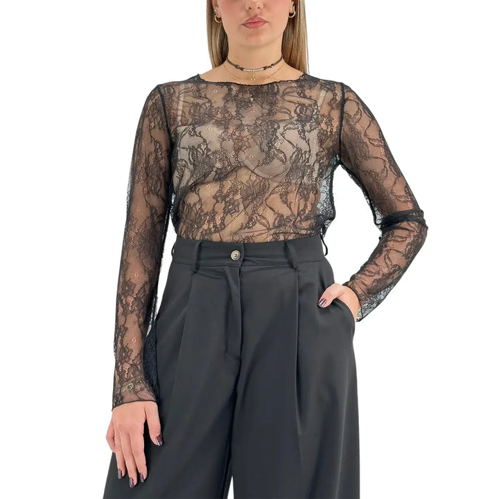 Bassini T-Shirt Donna Nera in Pizzo con Girocollo e Maniche Lunghe