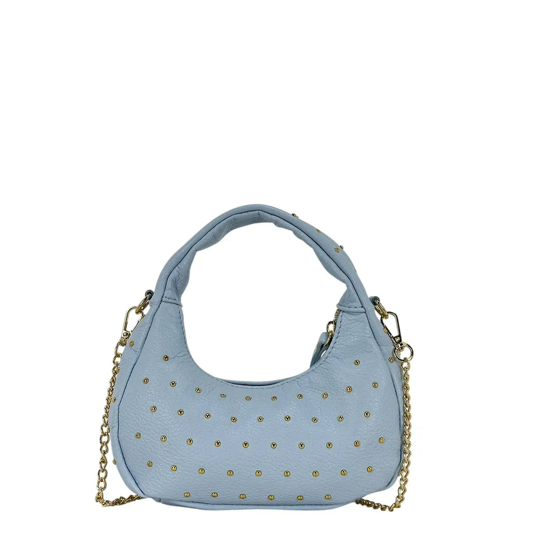 Bassini Borsa Donna Mini Sacca in Pelle Celeste con Borchie Oro e Tracolla Catena Rimovibile