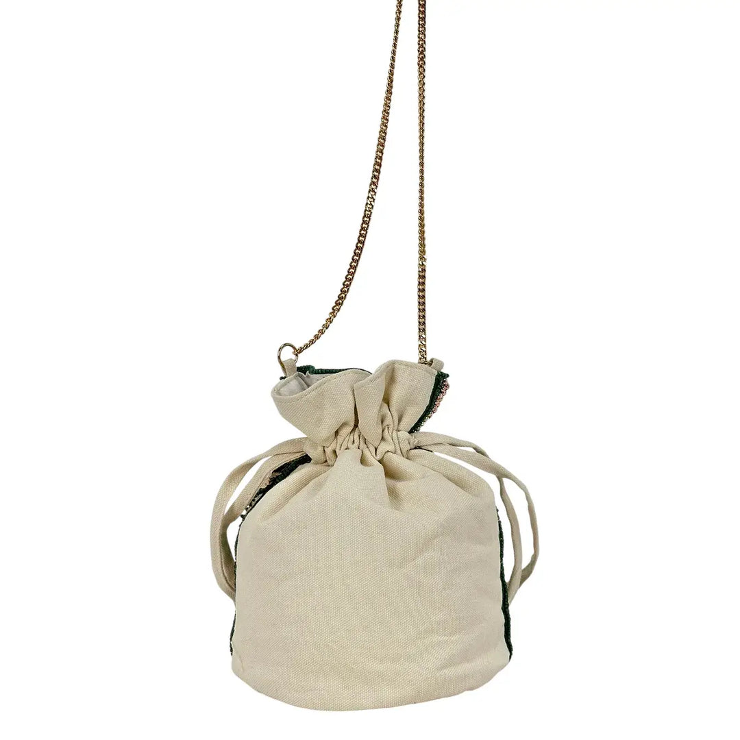 Bassini Borsa Donna Mini Secchiello in Cordura con Perline Verde e Tracolla a Catena Oro
