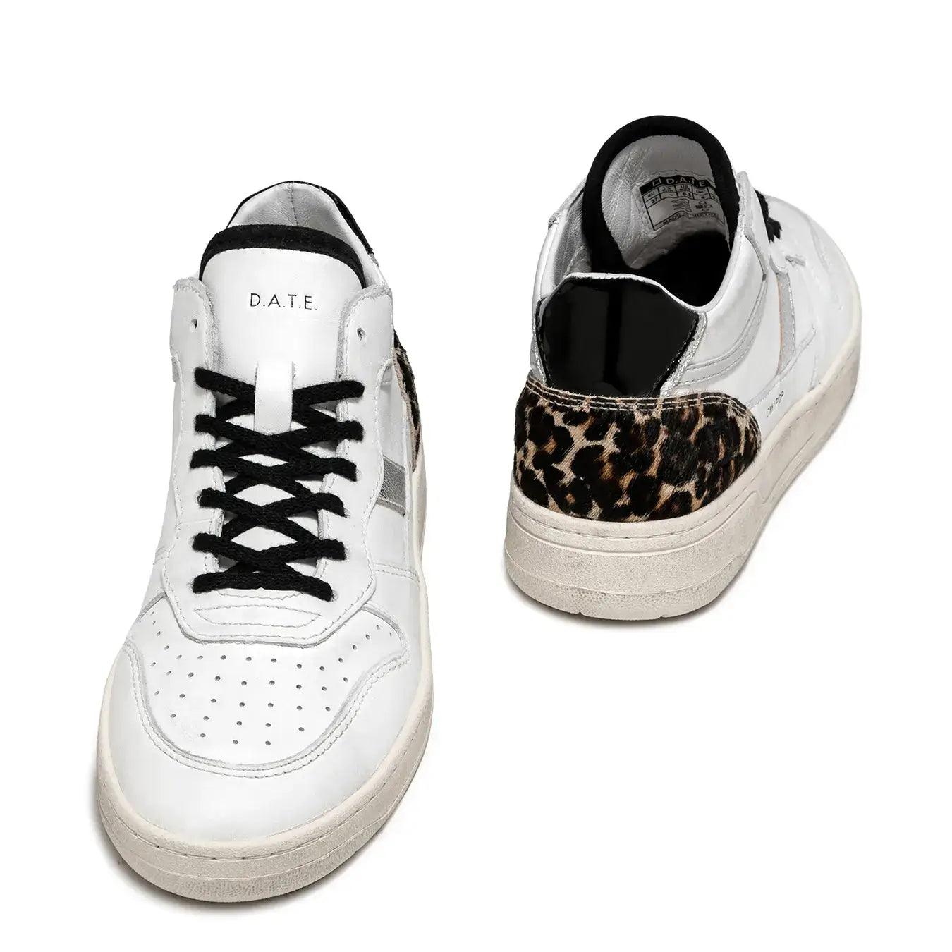 D.A.T.E. Scarpe Sneaker Court Donna, Pelle, Bianco, Animalier, tallone cavallino leopardato | bassiniboutique.it