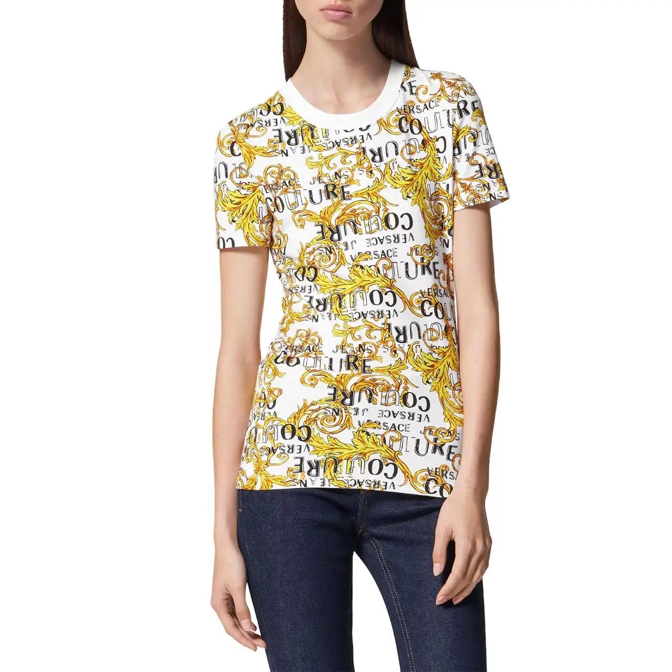 Versace t Shirt mc, 74hah608.js160, Jersey str Print Logo Couture, g03 Bianco Oro, Bassiniboutique.it, 2023 p/e